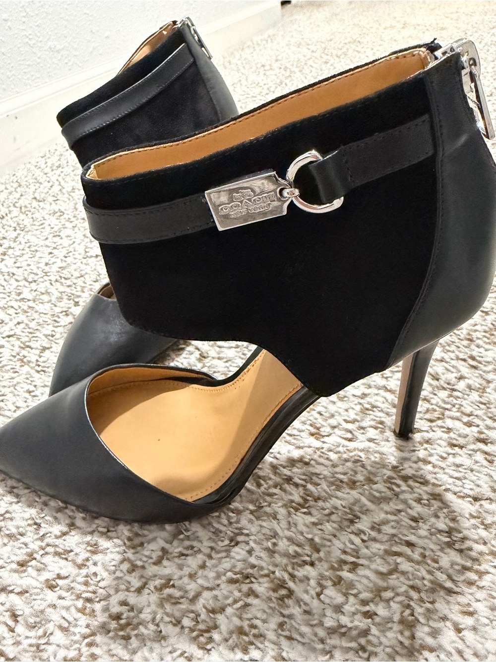 Coach Black Leather & Suede Ankle-Strap Pointed Heel with Silver Logo Hardware